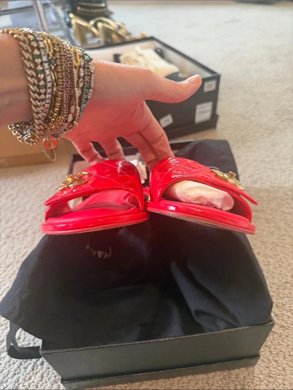 CHANEL Red Quilted Patent Leather Slide Sandals with Gold CC